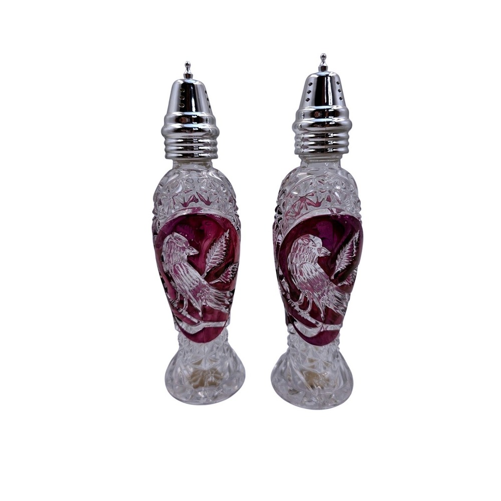 Hofbauer Byrdes Cranberry Crystal Salt and Pepper Shakers West Germany Bird 7"